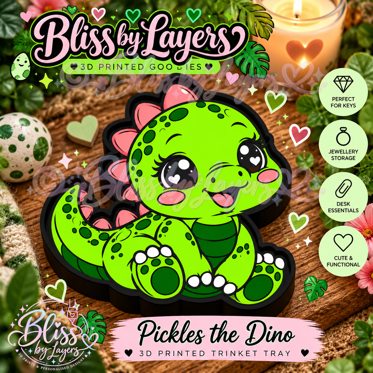 Pickles the Dino – Cute Green Dinosaur 3D Printed Trinket Tray