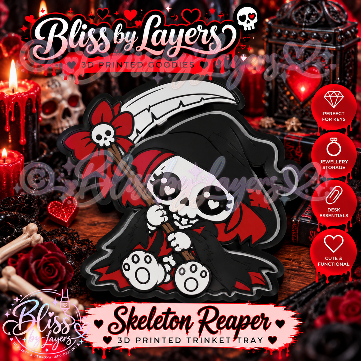Skeleton Reaper – Spooky Cute Gothic 3D Printed Trinket Tray