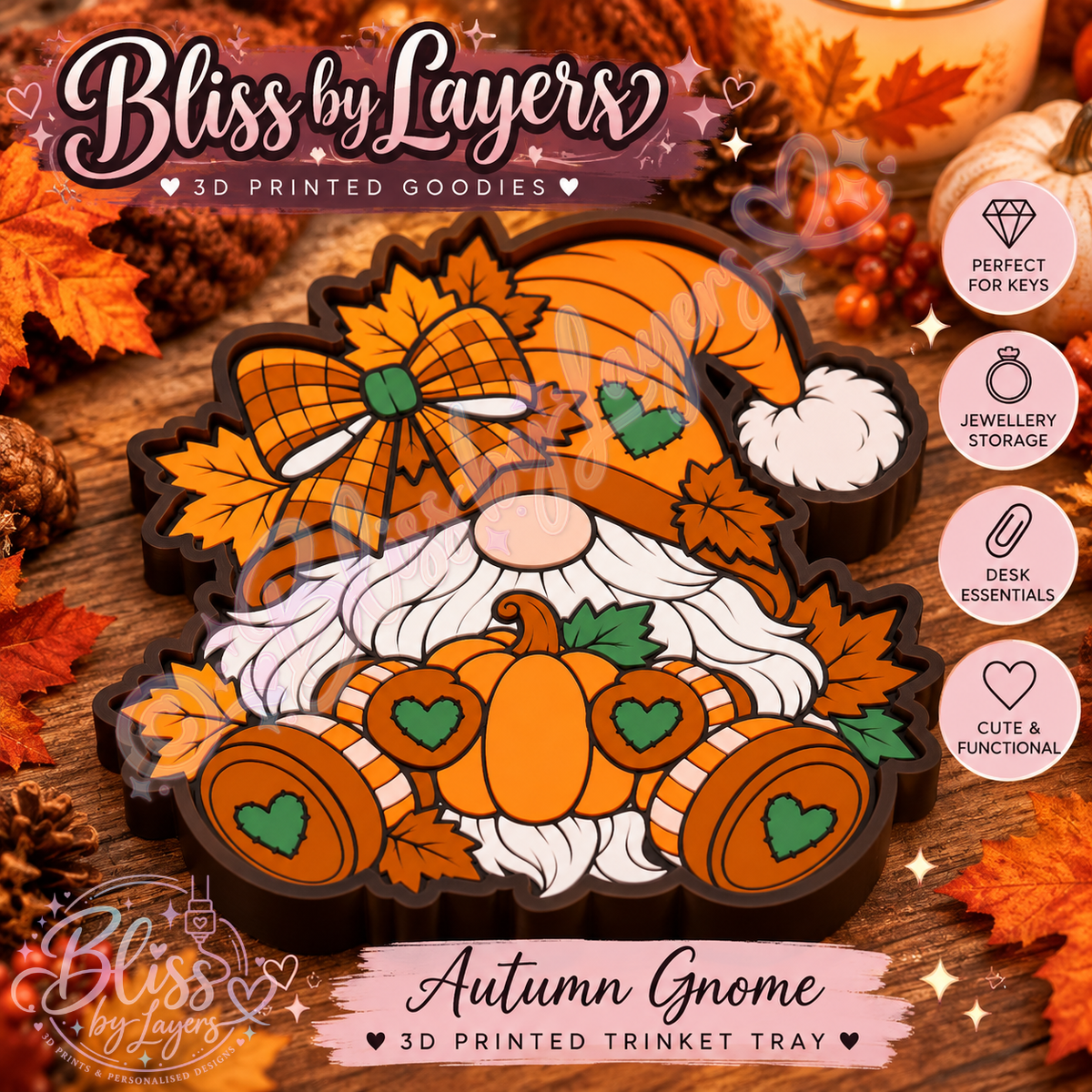 Autumn Gnome – Pumpkin & Fall Leaves 3D Printed Trinket Tray
