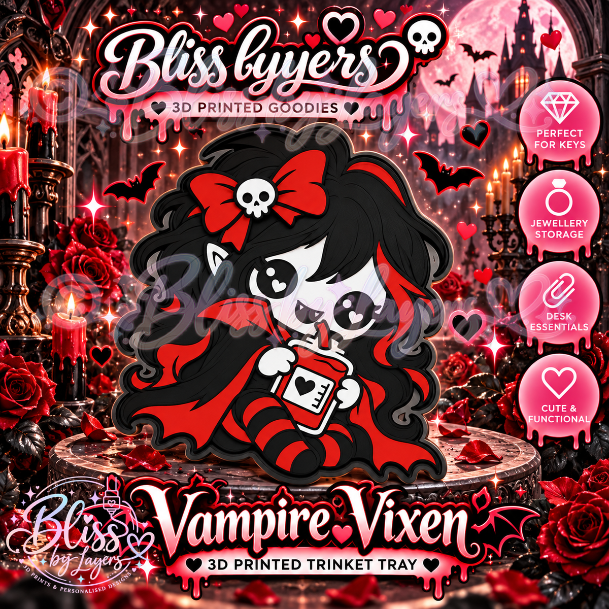 Vampire Vixen – Gothic Vampire Girl 3D Printed Trinket Tray