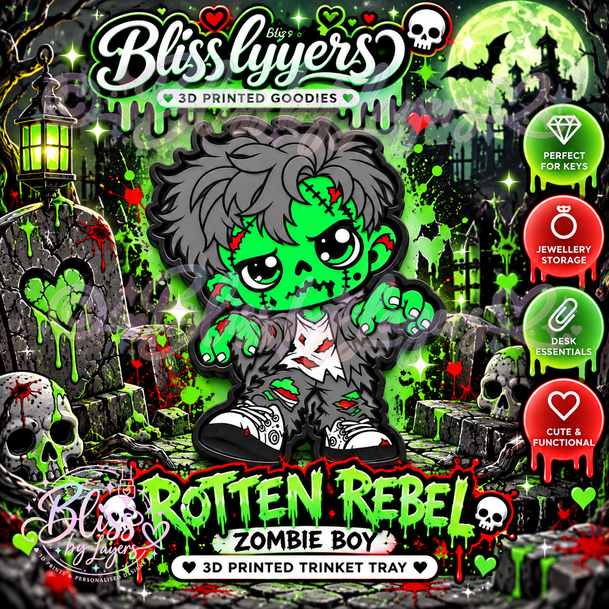 Rotten Rebel Zombie Boy – Spooky Gothic 3D Printed Trinket Tray