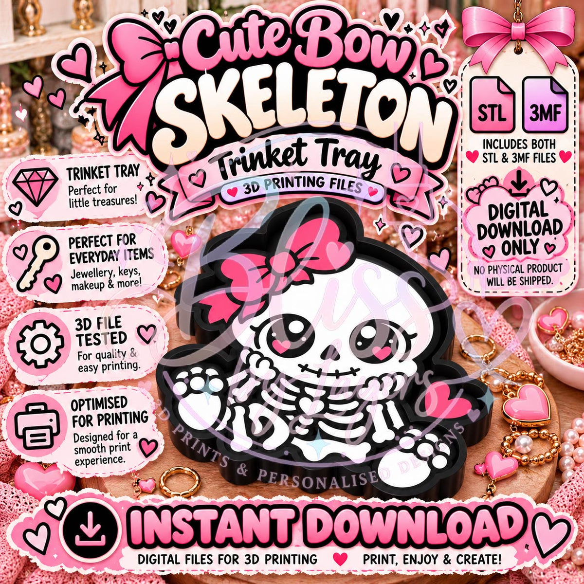 Cute Bow Skeleton Trinket Tray STL and 3MF Files
